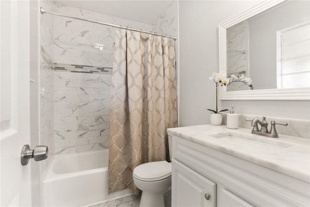 full bath featuring toilet, shower / tub combo, marble finish floor, and vanity