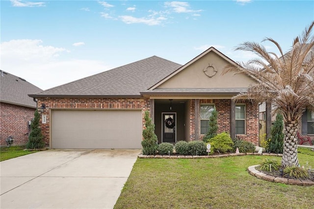 view of front of home with a garage, a front lawn, and brick siding