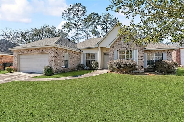 view of front of property featuring an attached garage, driveway, a front lawn, and brick siding