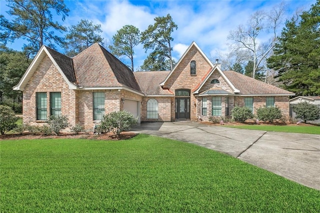 view of front of property featuring a garage, driveway, a front lawn, and brick siding