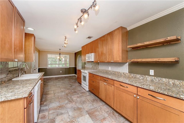 4 Silman Dr, Hammond, LA 70401 - kitchen with white appliances, a sink, open shelves, baseboards, and ornamental molding