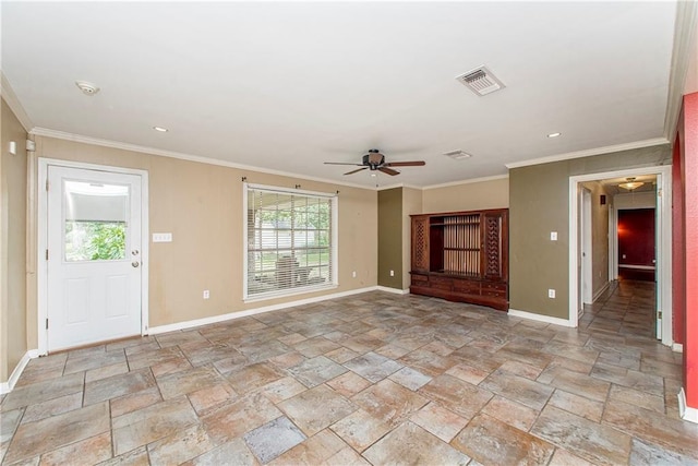 4 Silman Dr, Hammond, LA 70401 - unfurnished living room with stone tile flooring, plenty of natural light, ceiling fan, baseboards, and ornamental molding