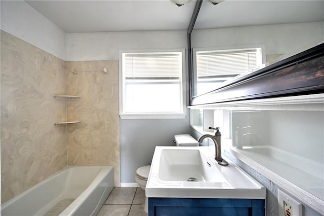 bathroom featuring vanity, shower / bathing tub combination, tile patterned flooring, and toilet