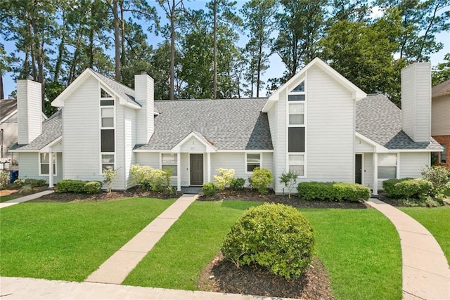 view of front of house featuring a shingled roof, a chimney, and a front lawn