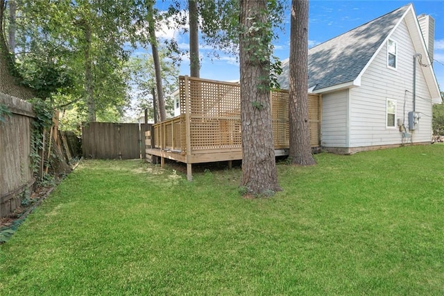 view of yard with a fenced backyard and a deck