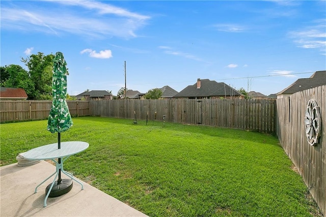 view of yard with a fenced backyard and a patio