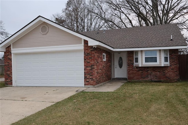 ranch-style house featuring an attached garage, brick siding, roof with shingles, and a front yard