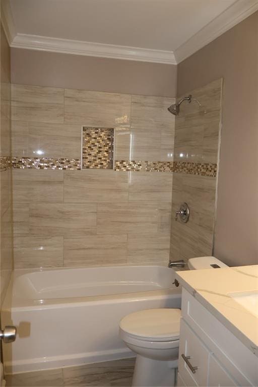 full bathroom with toilet, tub / shower combination, vanity, and crown molding