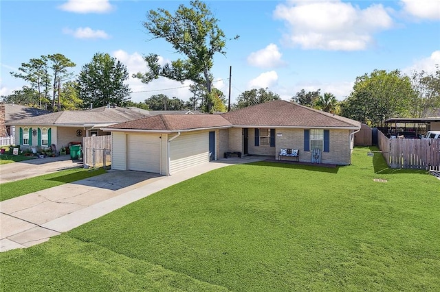 ranch-style house with concrete driveway, an attached garage, fence, a front yard, and brick siding