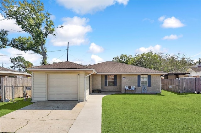 ranch-style home with a garage, driveway, a front lawn, and fence