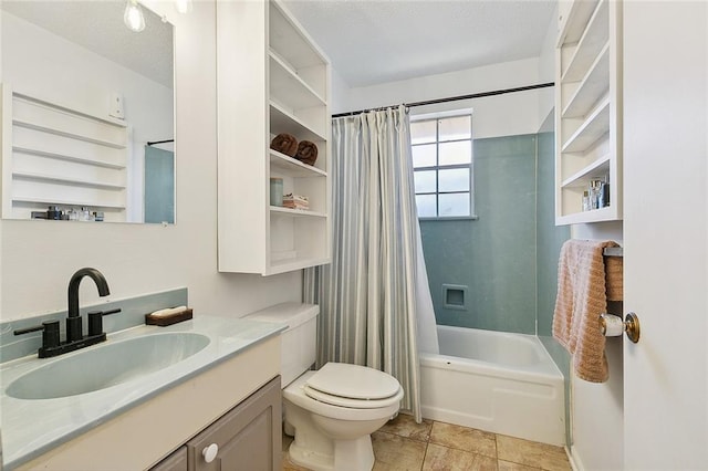 bathroom with toilet, shower / bathtub combination with curtain, a textured ceiling, and vanity