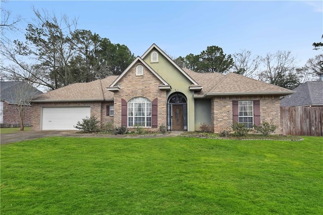 single story home with brick siding, a shingled roof, an attached garage, a front yard, and driveway