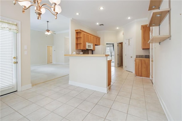 kitchen with crown molding, light tile patterned floors, open shelves, white appliances, and ceiling fan with notable chandelier