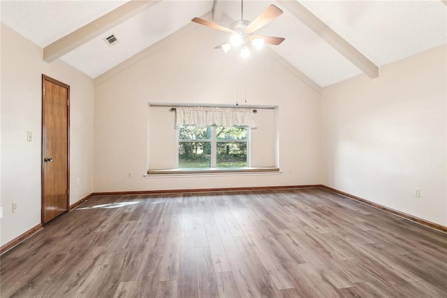 unfurnished room with visible vents, ceiling fan, wood finished floors, beamed ceiling, and baseboards