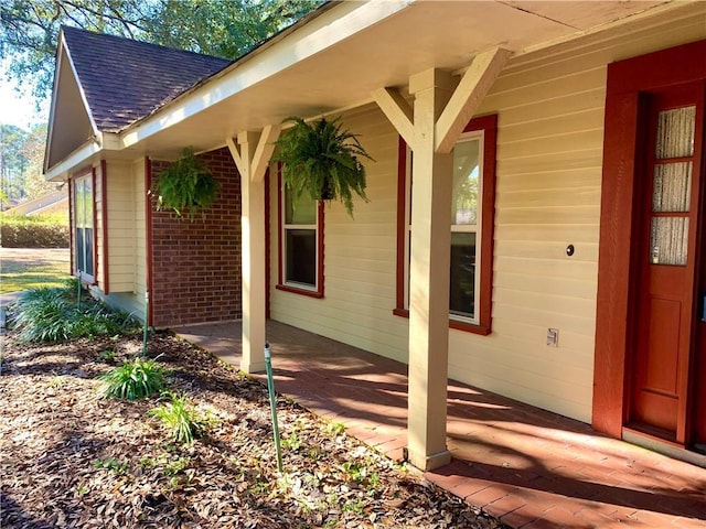 view of exterior entry with a shingled roof and brick siding