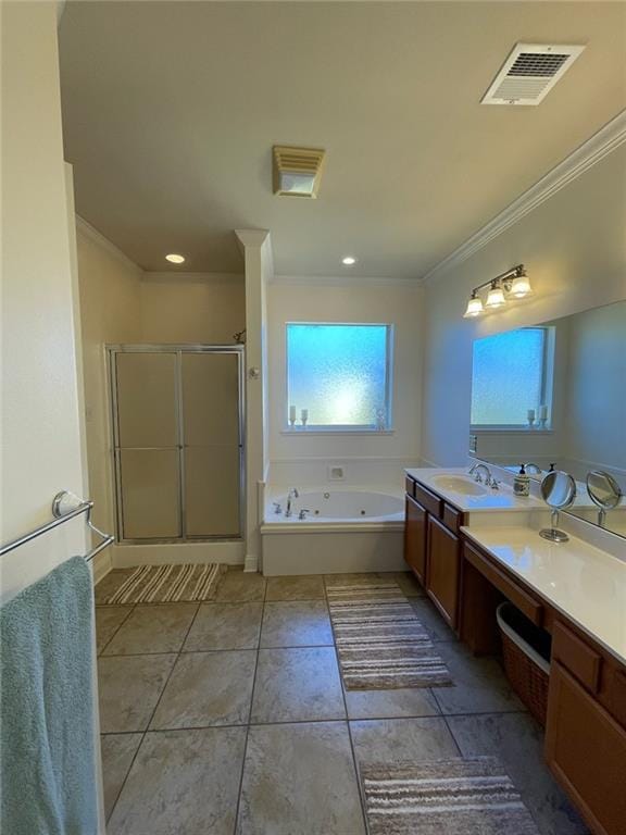 bathroom with visible vents, ornamental molding, a stall shower, vanity, and a tub with jets