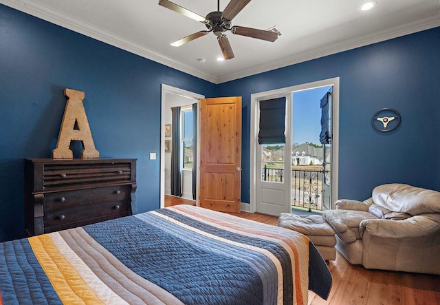 bedroom with light wood-style flooring, ceiling fan, ornamental molding, access to exterior, and recessed lighting