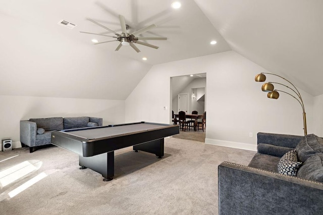 rec room with recessed lighting, light colored carpet, visible vents, vaulted ceiling, and billiards