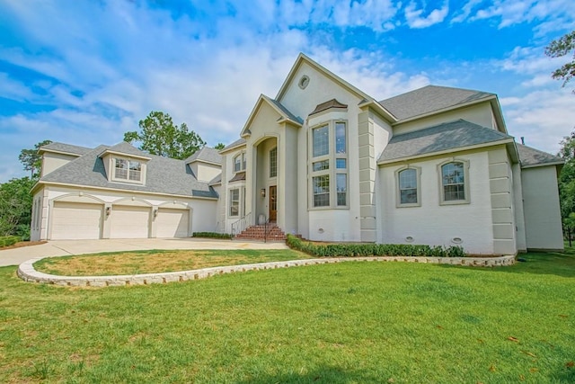 view of front facade with a front yard, driveway, roof with shingles, stucco siding, and a garage