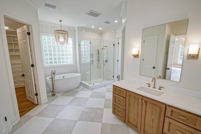 bathroom featuring visible vents, a shower stall, vanity, and a freestanding tub