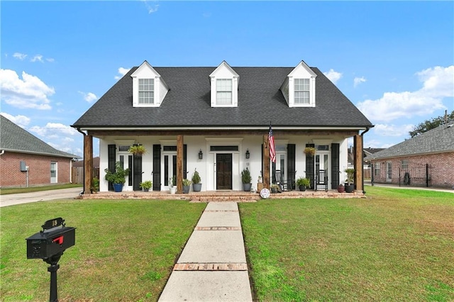 view of front of house with a front lawn, a porch, and roof with shingles