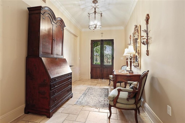 425 Turquoise St, New Orleans, LA 70124 - entryway featuring baseboards, a notable chandelier, ornamental molding, and stone tile flooring