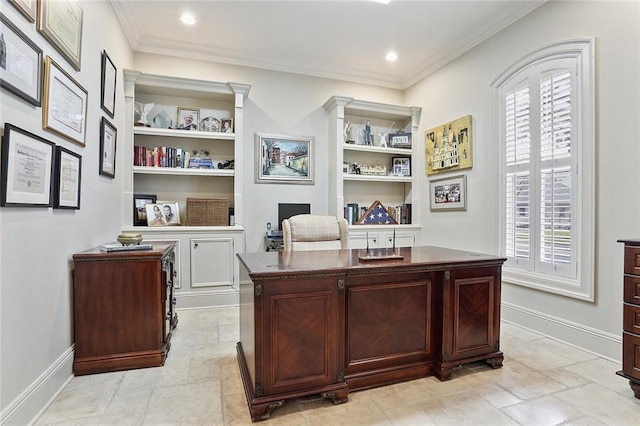 425 Turquoise St, New Orleans, LA 70124 - home office with baseboards, built in shelves, recessed lighting, and crown molding