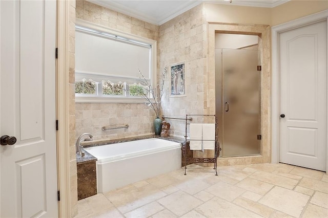425 Turquoise St, New Orleans, LA 70124 - bathroom with tile walls, crown molding, a shower stall, and stone tile floors