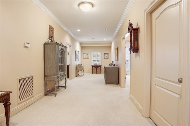 425 Turquoise St, New Orleans, LA 70124 - hall with ornamental molding, light carpet, baseboards, and visible vents