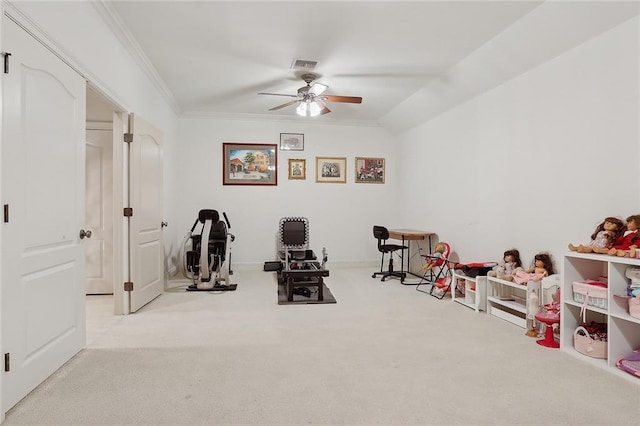 425 Turquoise St, New Orleans, LA 70124 - rec room with carpet flooring, visible vents, crown molding, and a ceiling fan