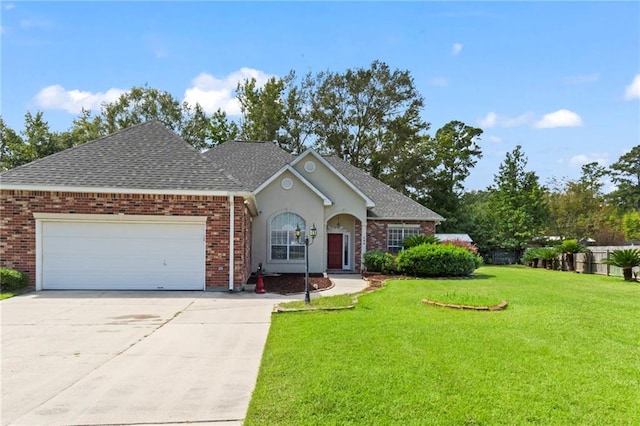 ranch-style house with a garage, a front yard, concrete driveway, and brick siding