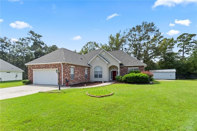 ranch-style house with a garage, concrete driveway, brick siding, and a front lawn