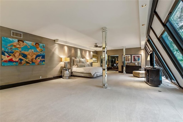 bedroom featuring light carpet, ceiling fan, visible vents, and recessed lighting