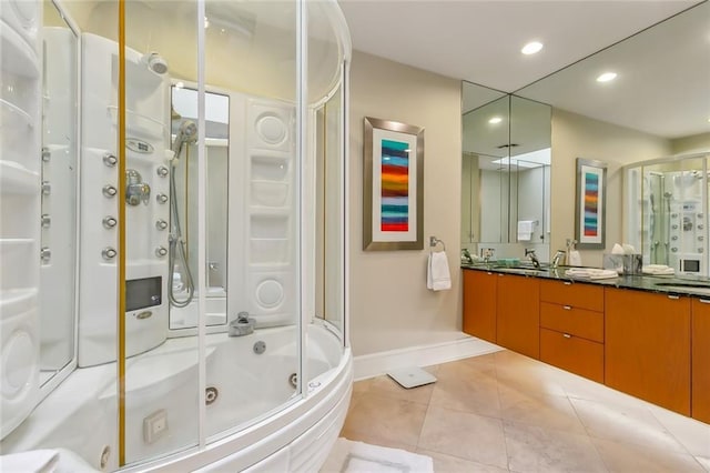 bathroom with double vanity, baseboards, tile patterned floors, a combined bath / shower with jetted tub, and recessed lighting