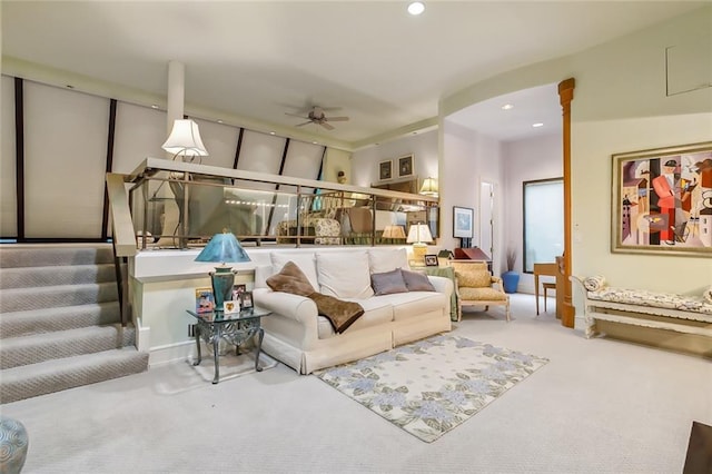 carpeted living room with recessed lighting and ceiling fan