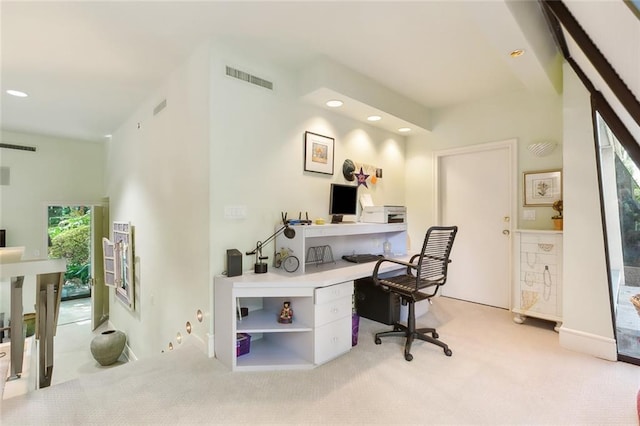 office area featuring recessed lighting, visible vents, and light colored carpet