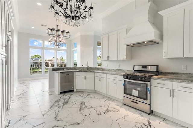 kitchen with marble finish floor, appliances with stainless steel finishes, crown molding, and premium range hood