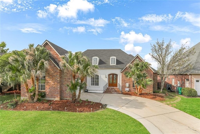 view of front of house with a front lawn, concrete driveway, french doors, and brick siding