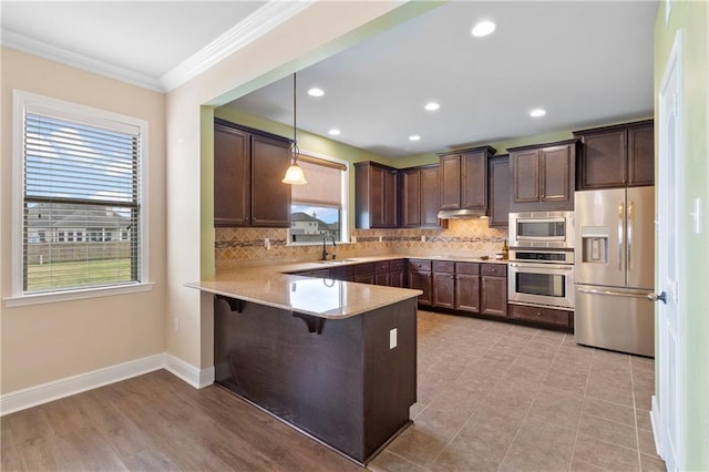 kitchen featuring a peninsula, dark brown cabinets, ornamental molding, appliances with stainless steel finishes, and tasteful backsplash