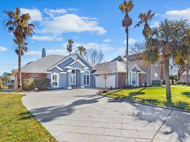 view of front of property featuring a garage, a front yard, concrete driveway, and a chimney