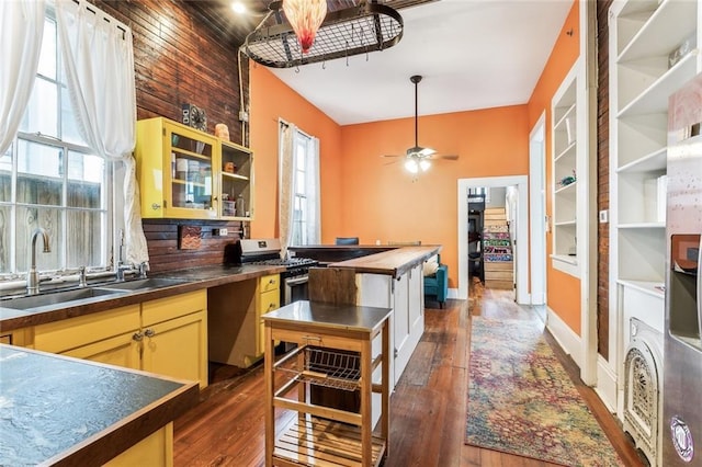 kitchen with glass insert cabinets, stainless steel range with gas stovetop, dark wood-type flooring, open shelves, and a sink