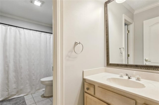 full bath with visible vents, toilet, tile patterned flooring, crown molding, and vanity