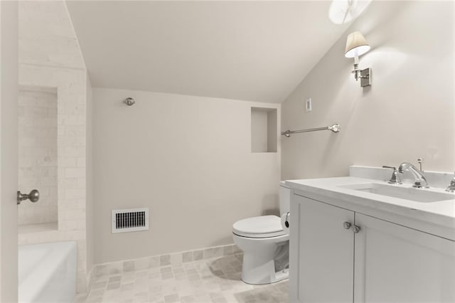 full bath with lofted ceiling, visible vents, toilet, vanity, and baseboards