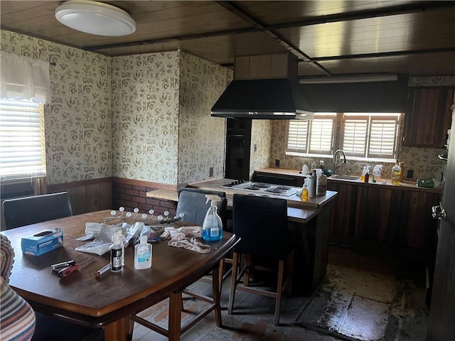 kitchen featuring a wainscoted wall, dark brown cabinetry, wall chimney range hood, a sink, and wallpapered walls