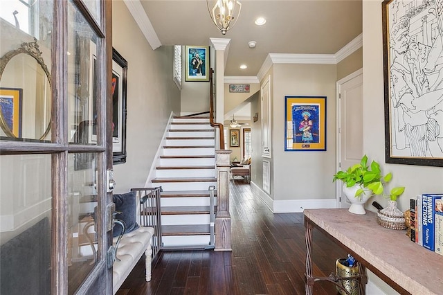 foyer with baseboards, dark wood-style flooring, stairs, crown molding, and recessed lighting