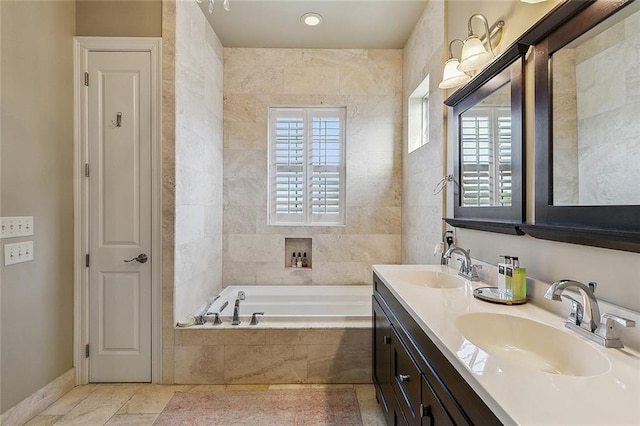 full bath with double vanity, a closet, a sink, and a bath