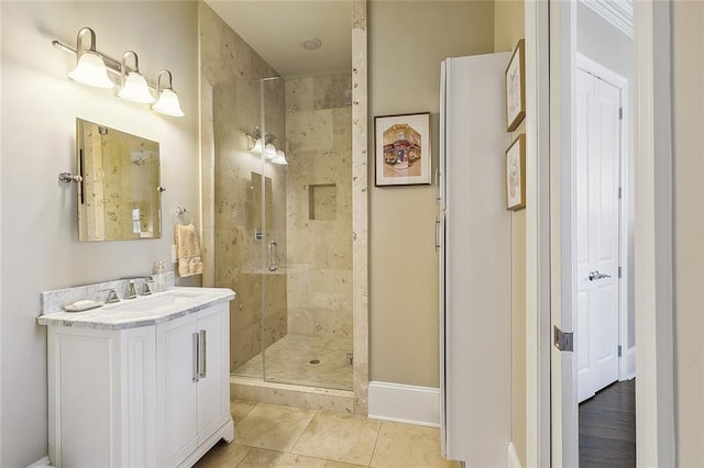 full bathroom featuring a shower stall, tile patterned flooring, and vanity