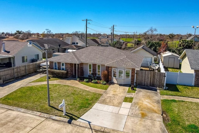 view of front of property featuring brick siding, a front lawn, fence, and a residential view