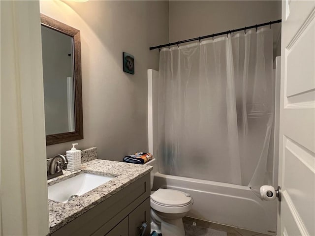 full bathroom with toilet, tile patterned flooring, shower / bath combination with curtain, and vanity