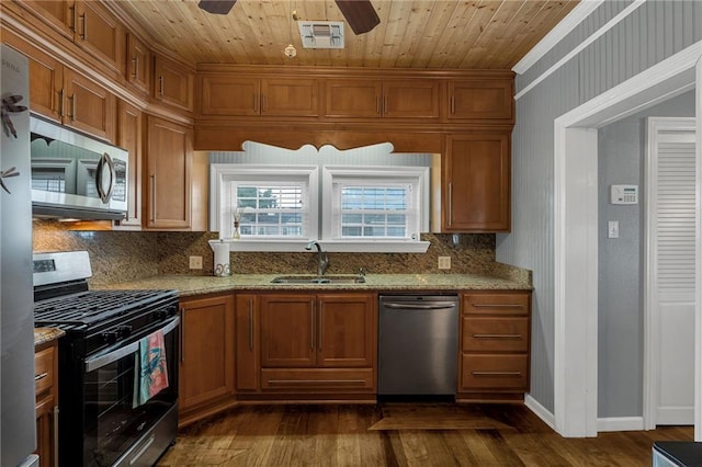 kitchen featuring appliances with stainless steel finishes, wood ceiling, visible vents, and a sink